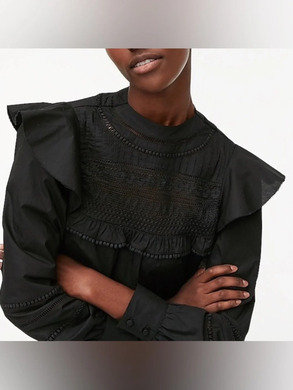 J.Crew Black Crocheted Lace Ruffle Top Victorian Gothic Whimsigoth Blouse M NWT
